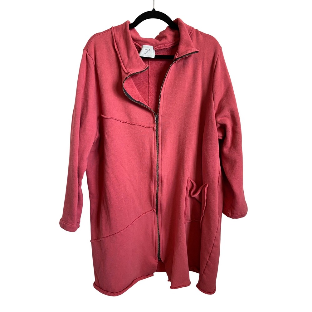 Chalet et Ceci Womens 1X Coral Pink Lagenlook Zip Up Fleece Jacket Raw Edge USA